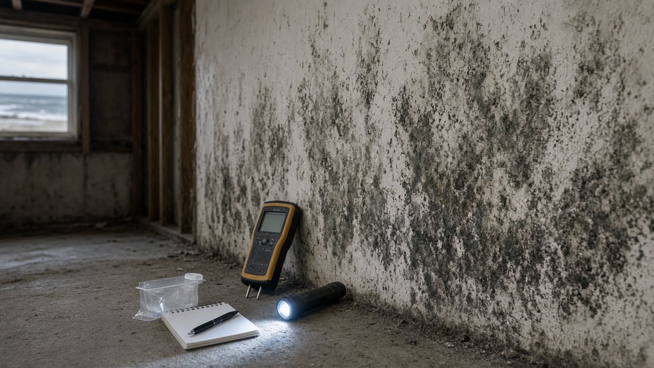 Moisture meter against residential wall with visible mold staining