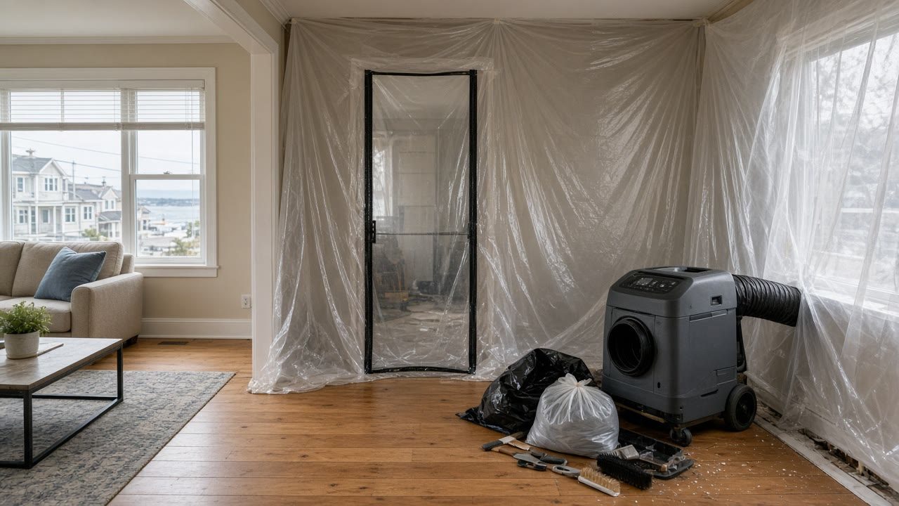 Containment sheeting HEPA equipment and remediation tools in residential space