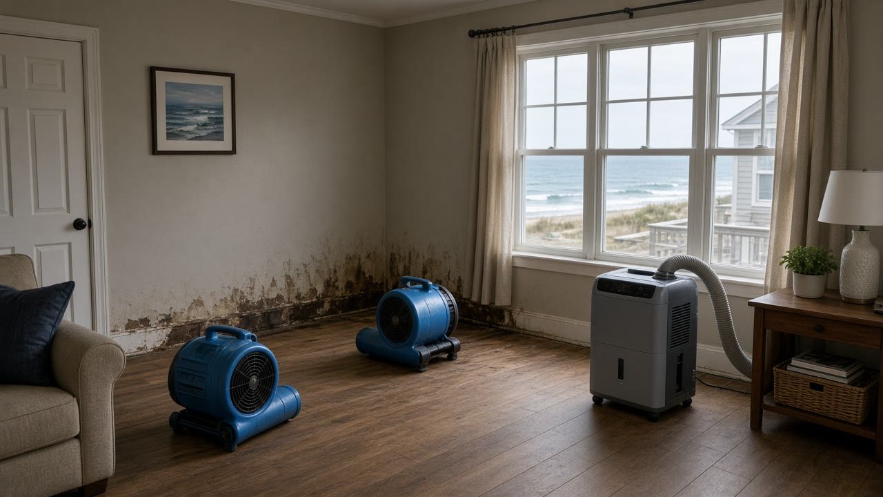 Air movers and dehumidifier drying a residential interior